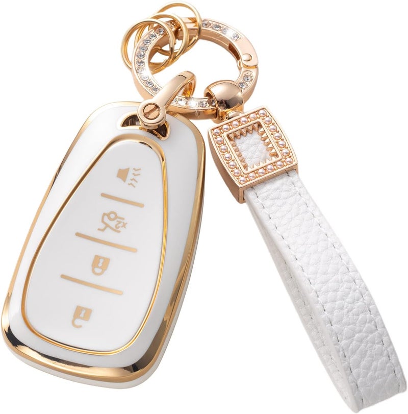 CACARLIKE for Chevy Key Fob Cover with Leather Lanyard, Car Key Fob Case Compatible with Chevrolet Malibu Equinox Traverse Camaro Cruze Blazer Volt Bolt Smart 4 Buttons Smart Key Protector Holder - Image 1
